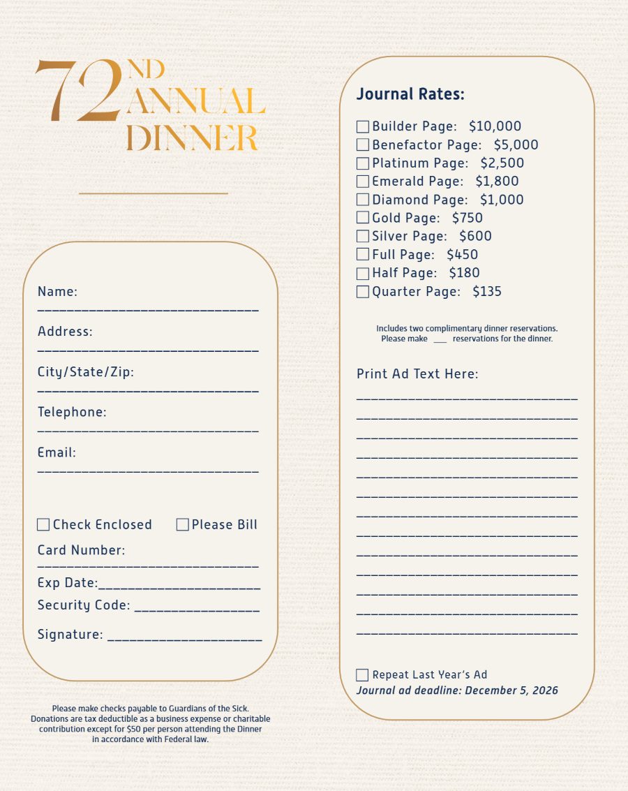 72nd Annual Dinner journal rates and order form